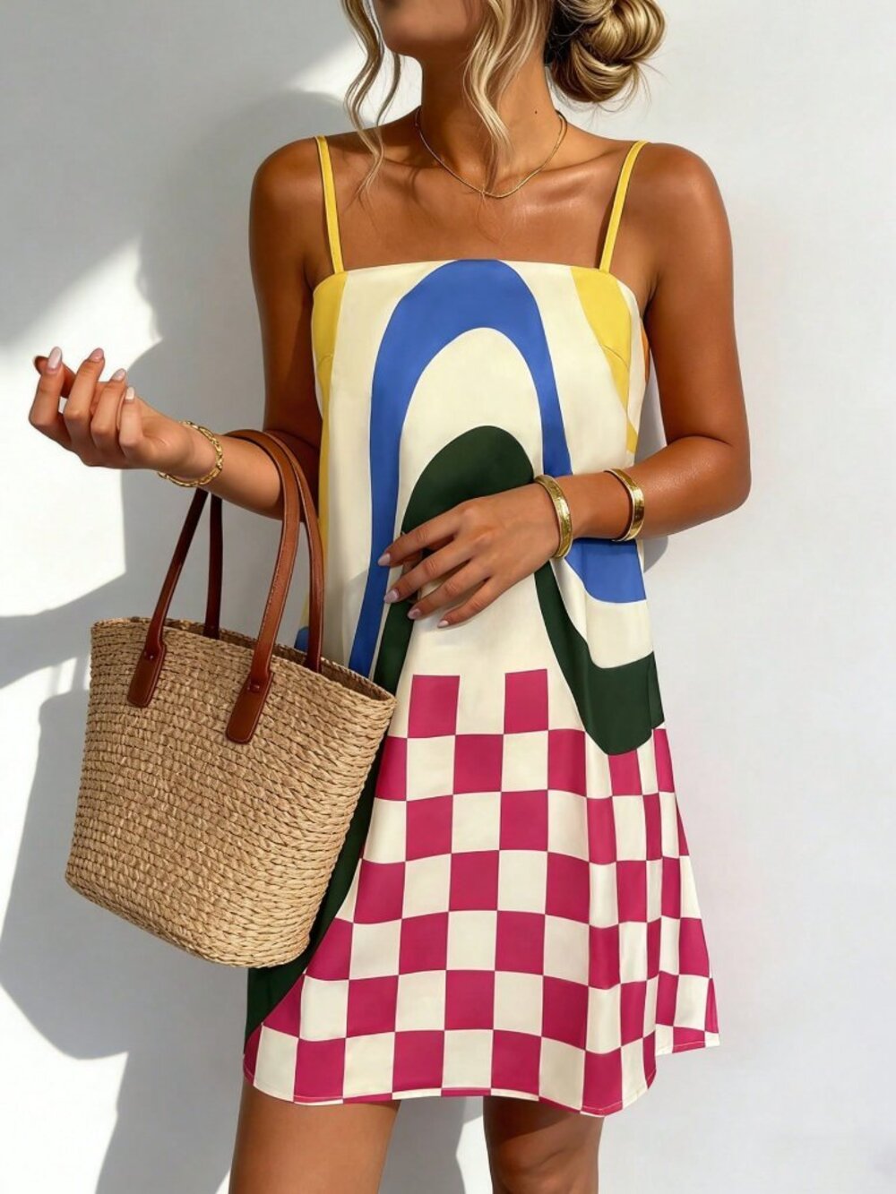 Multicolor Casual Women's  Checkered Color Print Loose Strap Dress - Picture 6 of 6